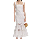 White Linen Lace Insert Midi Dress