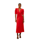 Red Gathered Midi Dress