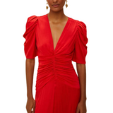 Red Gathered Midi Dress