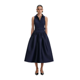 Belted Twill Midi Dress Navy