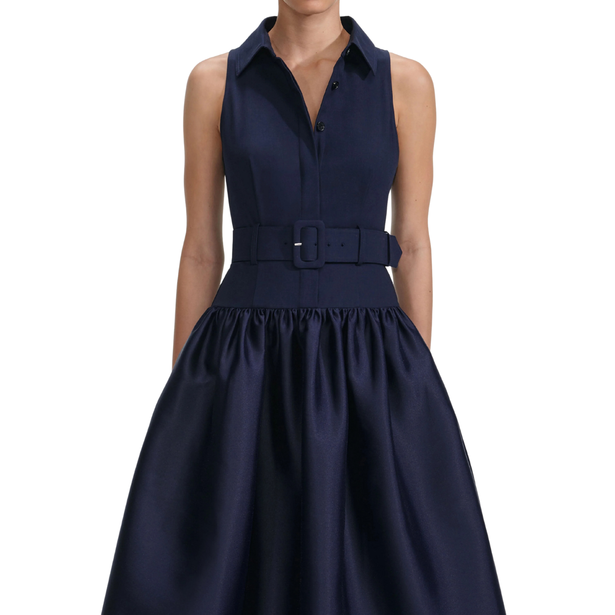 Belted Twill Midi Dress Navy