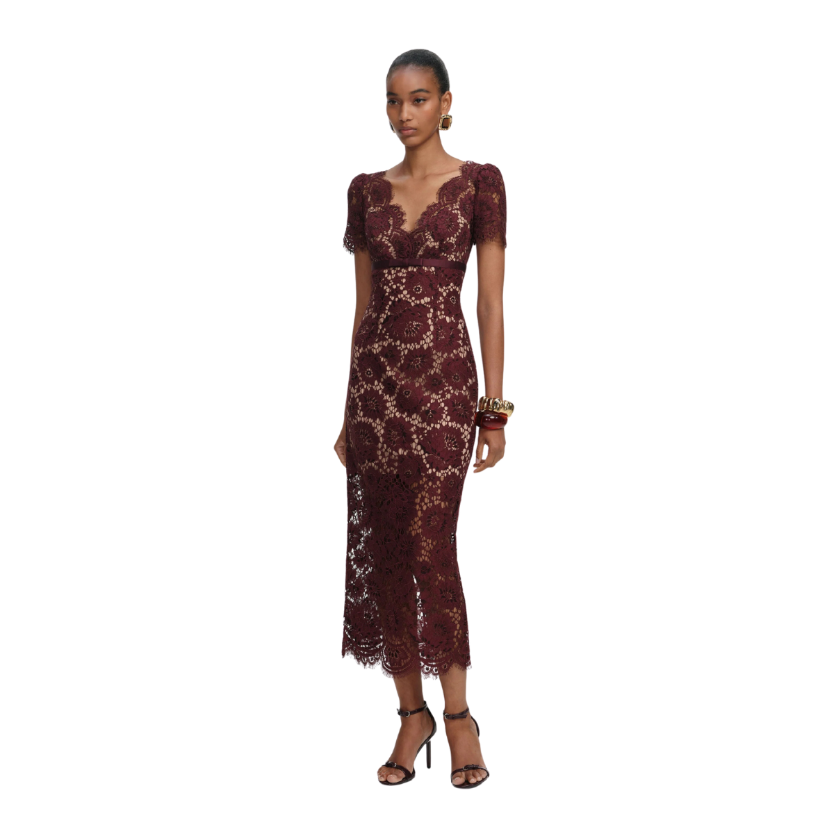 Floral Lace Midi Dress Burgundy