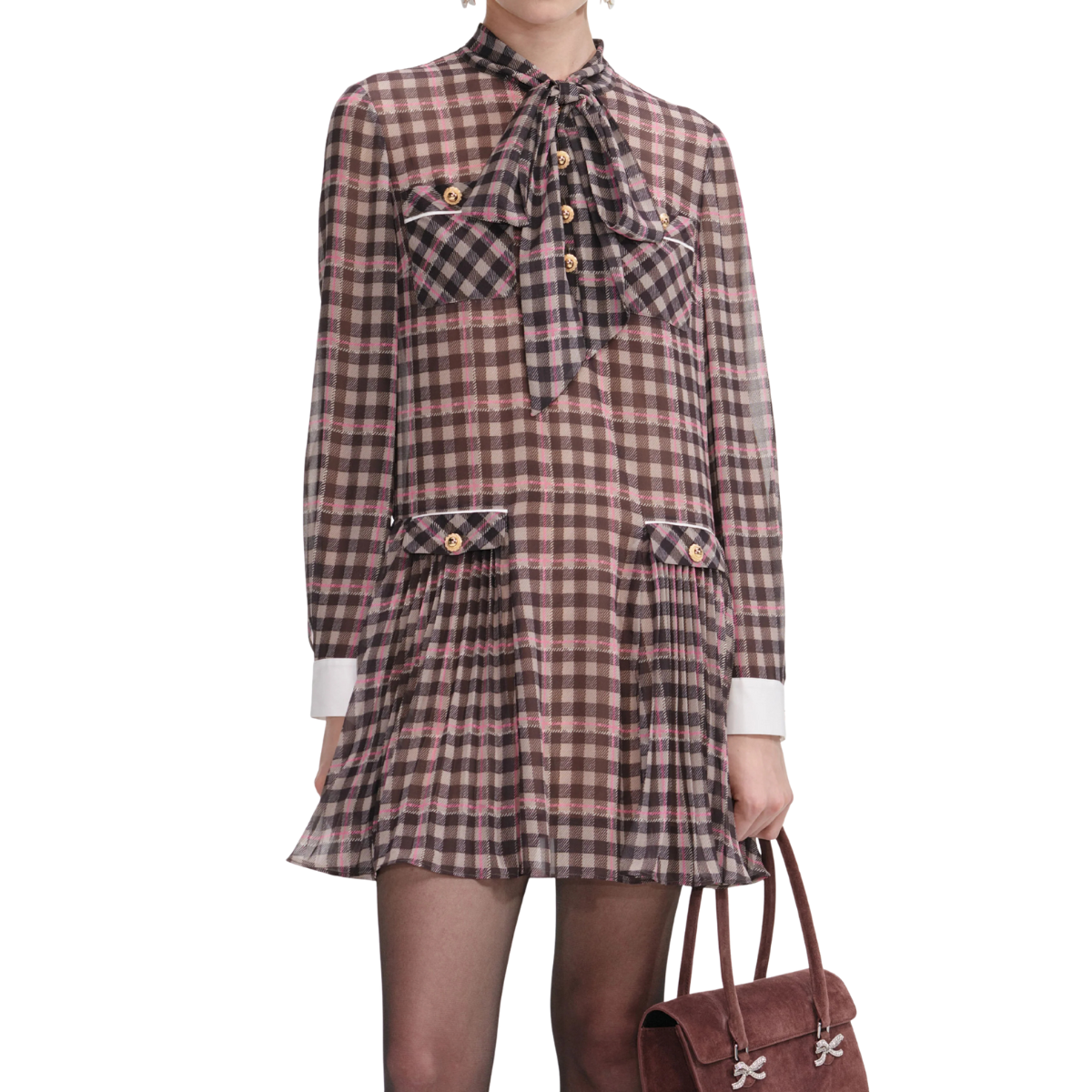 Check Chiffon Mini Dress Brown