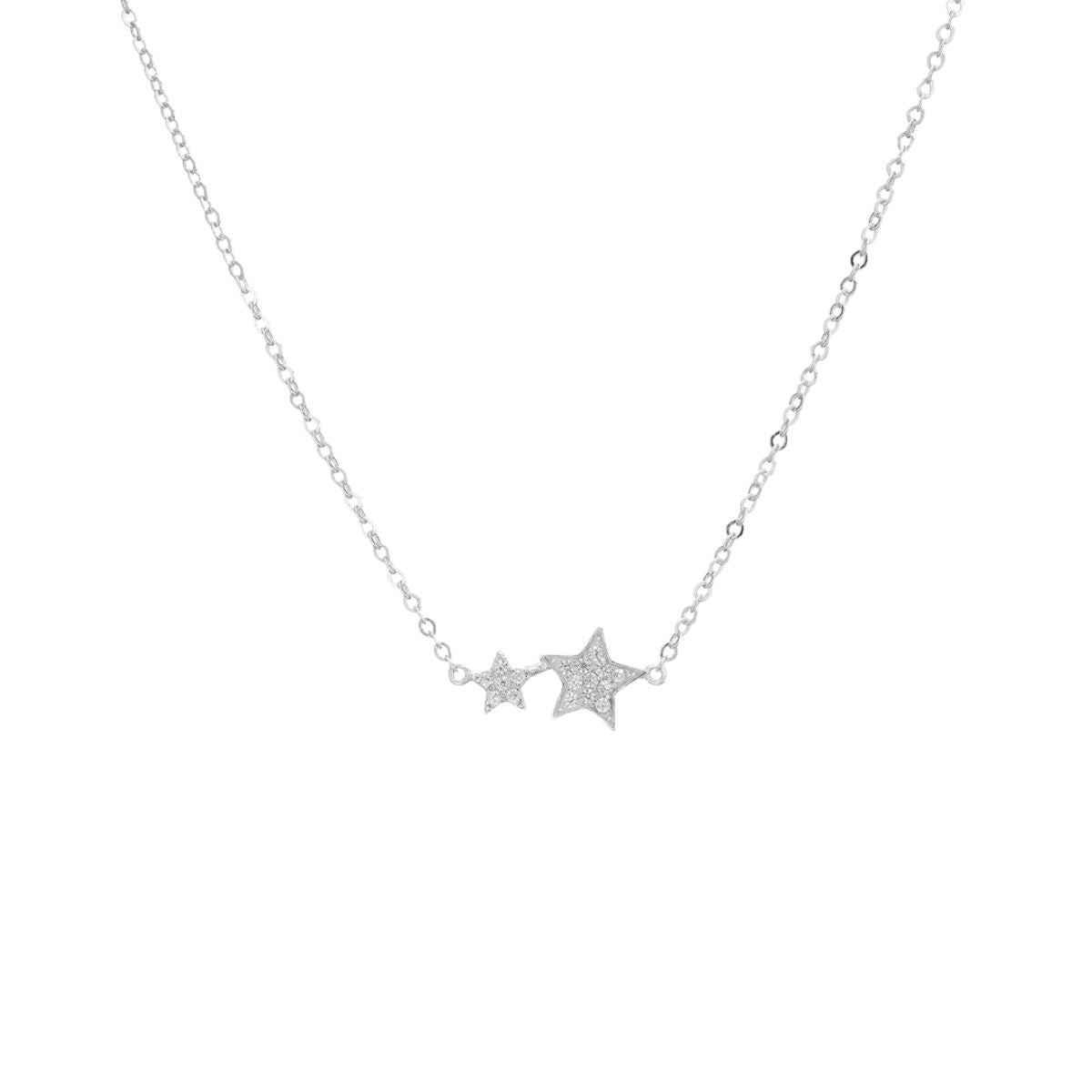 Pave 2 Star Necklace Silver