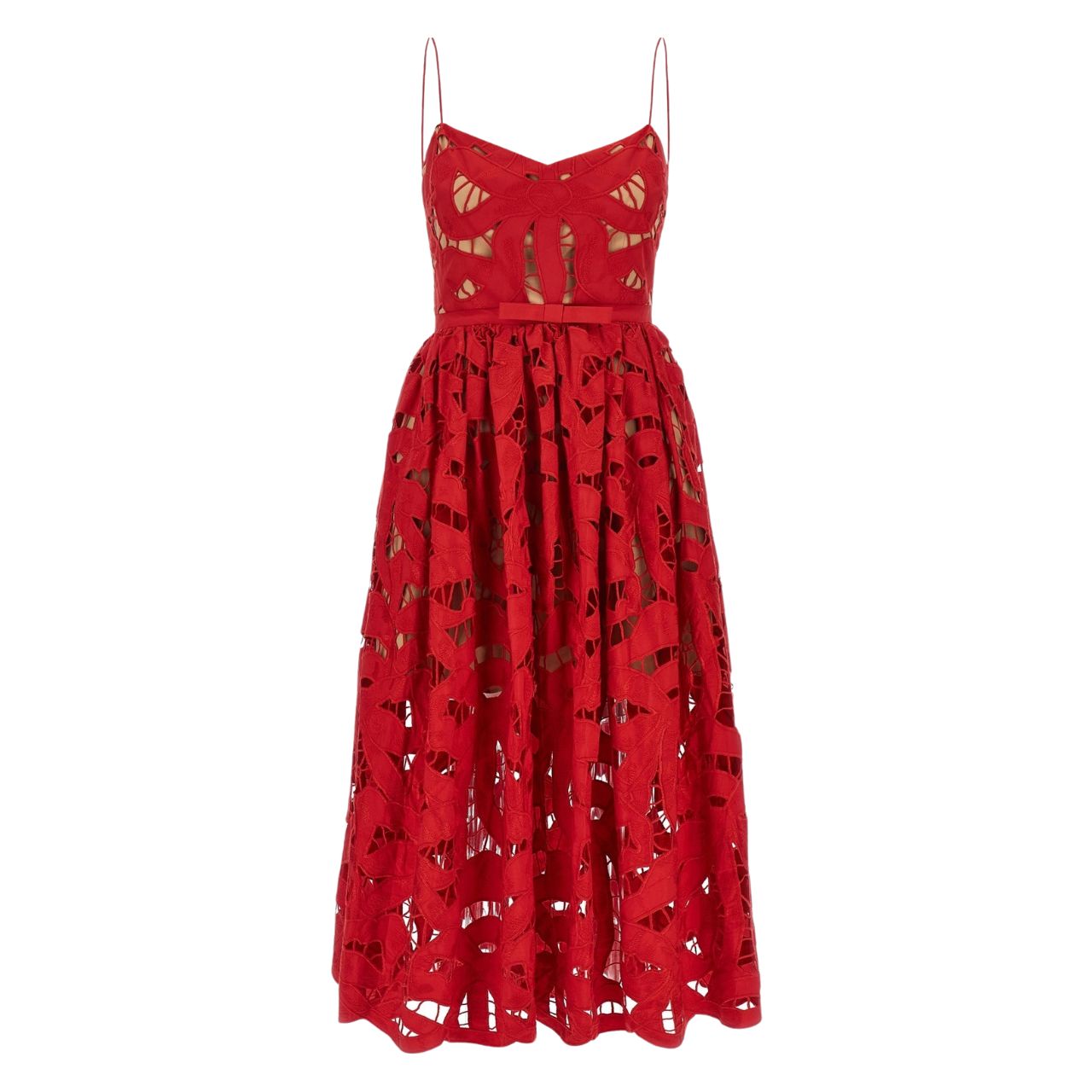 Red Bow Embroidered Midi Dress