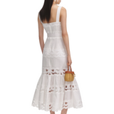 White Linen Lace Insert Midi Dress