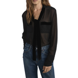 Velvet Trim Modern Tie Blouse Black