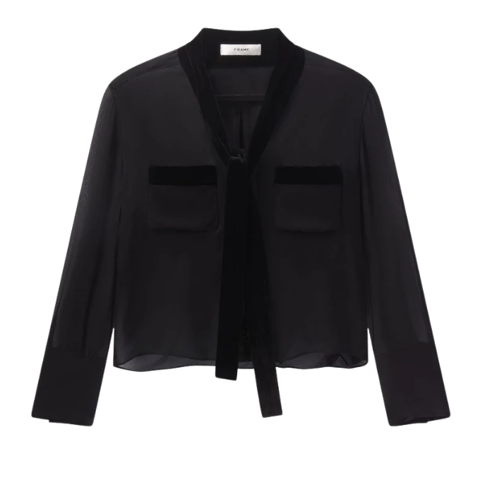 Velvet Trim Modern Tie Blouse Black